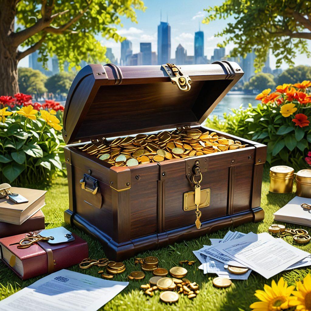 An open treasure chest filled with golden coins and shimmering silver keys representing savings, surrounded by diverse people happily discussing insurance paperwork in a bright, sunlit park. In the background, a city skyline symbolizes various insurance options. The scene conveys a sense of community, optimism, and smart financial choices. vibrant colors. super-realistic.