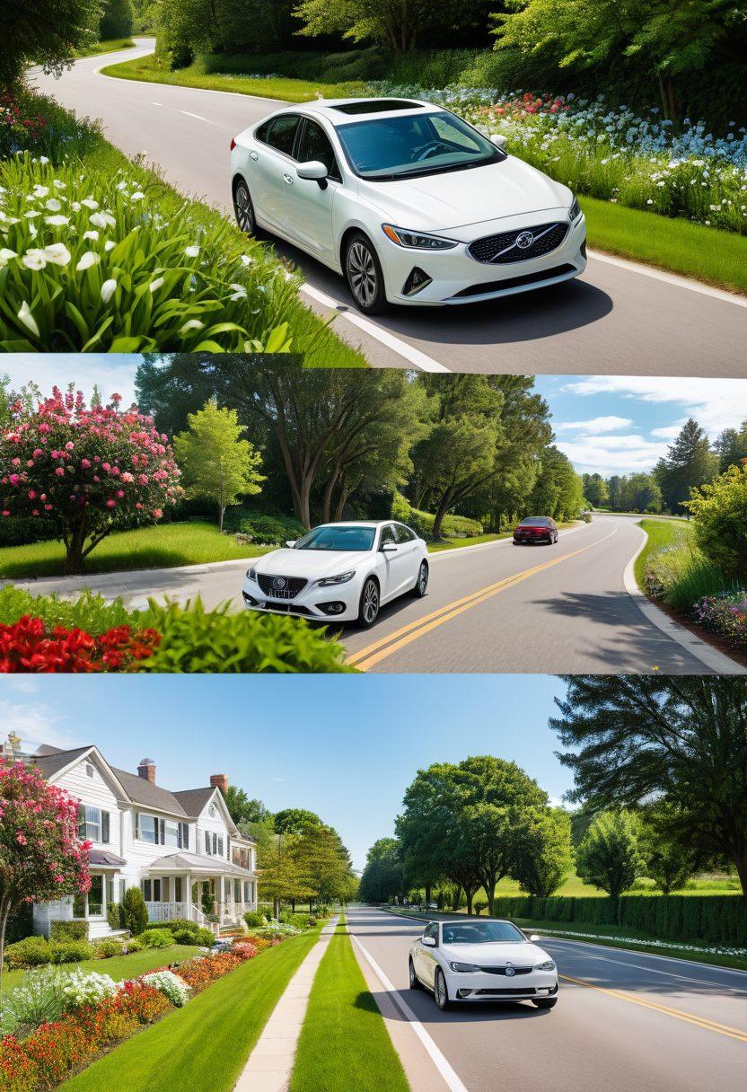 A vibrant collage depicting three insurance categories: a healthy family enjoying an outdoor picnic for health coverage, a sleek car on an open road representing auto insurance, and a cozy home with a garden symbolizing home coverage. Each section is connected by flowing ribbons of information with tips and icons. The colors should be bright and engaging, creating a harmonious balance across the three themes. super-realistic. vibrant colors. clean white background.